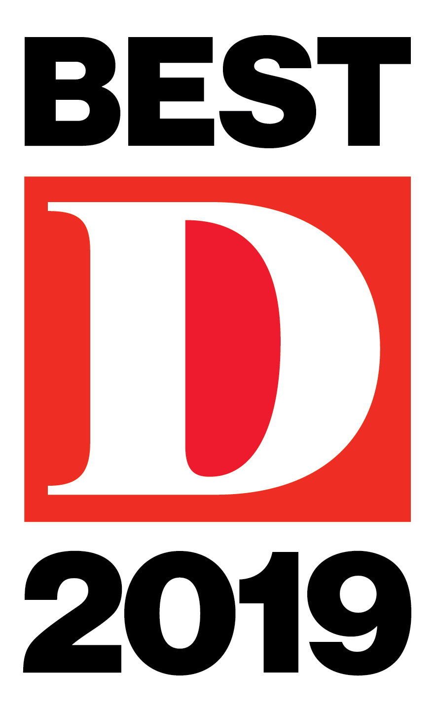 The image shows a graphic with text that reads  BEST  at the top, followed by  D  inside a red circle with a white outline, and below it,  2019  in large white letters on a black background. Below this is another line of text that says  BEST  again, then  D  in a larger font size within a red square with a white border. The bottom part of the image features a checkered pattern with alternating squares of red and white, and there is a small graphic of a pen on the left side of this pattern. On the right side of the checkered pattern, there is a black background with white text that reads  BEST  at the top, followed by  D  in a large font size inside a red circle with a white outline, and below it,  2019  in a smaller font size. The overall style of the image suggests an award or recognition for 2019, possibly related to the letter  D .