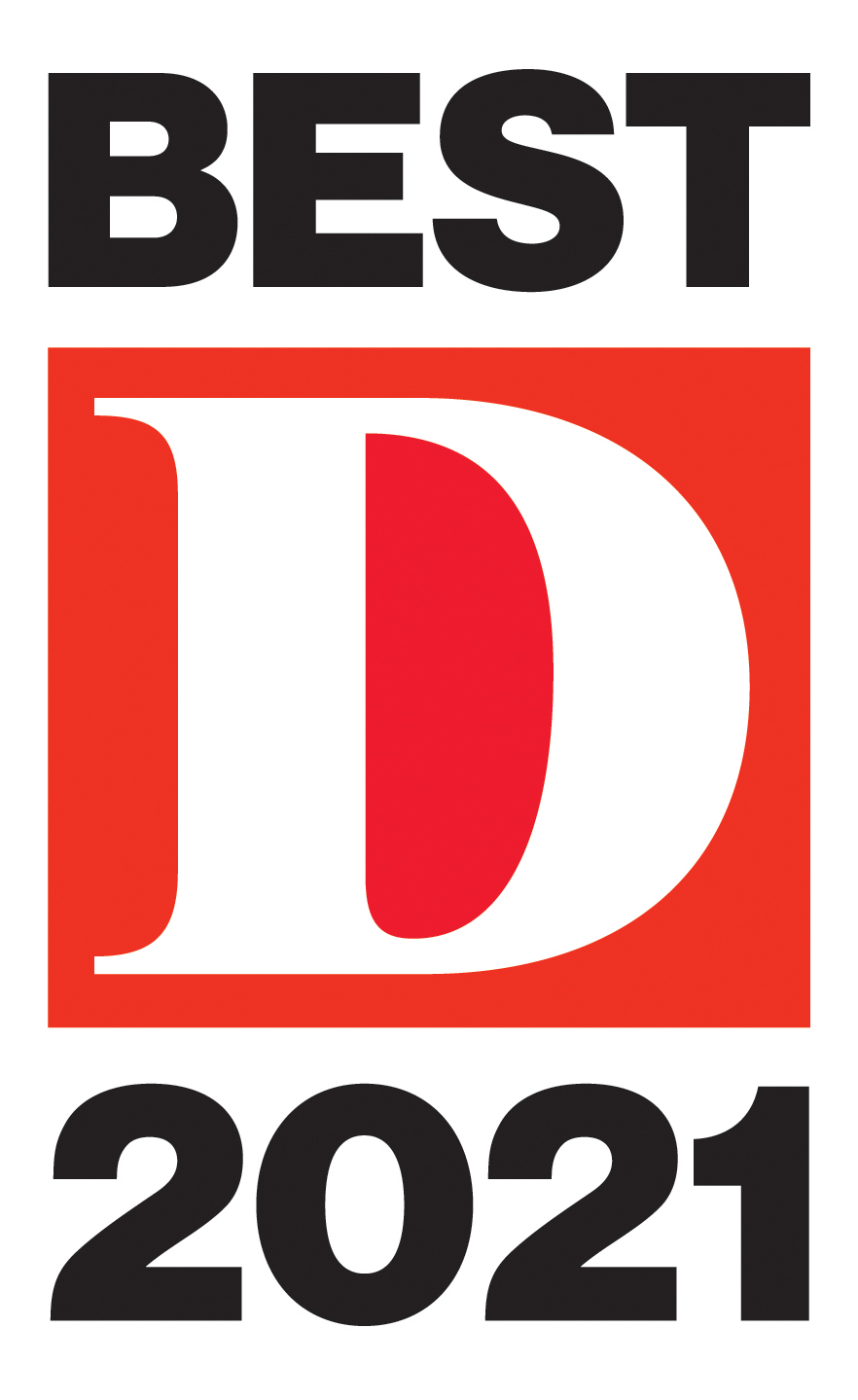 The image features a graphic design with text and a logo that reads  BEST D 2021  in bold, capitalized letters, indicating recognition for the year 2021 within the context of the image. The background includes a red and white striped pattern and a partial view of a newspaper.