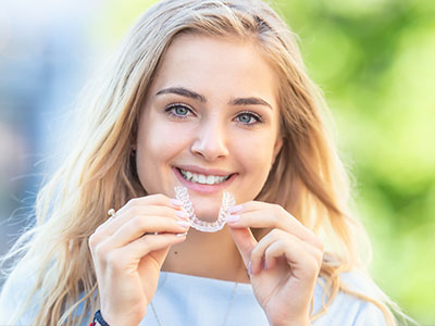 A young woman with blue eyes smiling at the camera while holding a toothbrush.