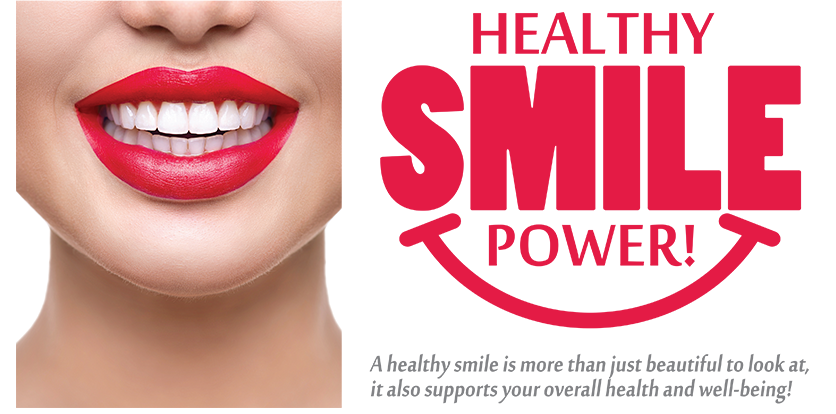 The image features a graphic design with text that reads  HEALTHY SMILE POWER  at the top, followed by a woman s face wearing red lipstick, and below that, a slogan  SMILE MORE, LOVE MORE, LIVE MORE.  The background is white.